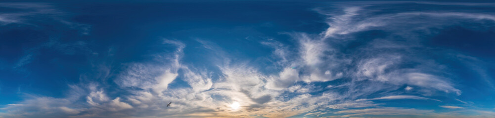 Sunset sky panorama with Cirrus clouds in Seamless spherical equirectangular format. Complete...