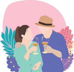 Beautiful couple with glasses of white wine. Flat vector illustration.