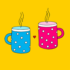 Two mugs with polka dots. Blue and pink cups with a hot drink. Love. Romance. Valentine's Day. Colorful vector hand-drawn doodle illustration.