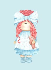 Handmade doll with red hair in a blue dress with a bear in her hand