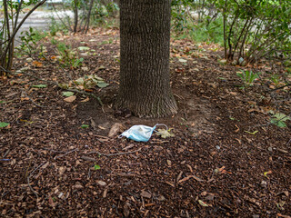 Used covid-19 face mask in nature next to a tree as environmental pollution and plastic waste in a public park