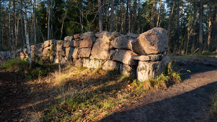 Fototapeta na wymiar Monrepos Park, a fragment of a hedge made of granite boulders