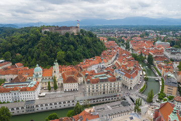 Naklejka na ściany i meble Slovenia Ljubljana historic city center, aerial view