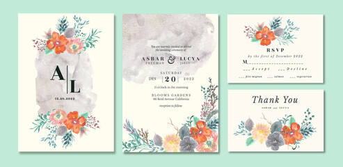 wedding invitations set with vintage floral watercolor