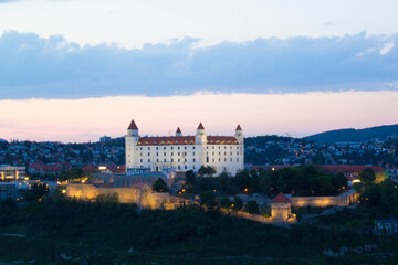 Beautiful view of the Bratislava castle on the banks of the Danube in the old town of Bratislava, Slovakia on a sunny summer day