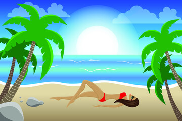 Beautiful girl in the beach island. Vector illustration.