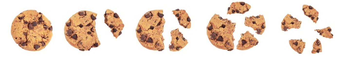 Isolated clipping path of die cut dark chocolate chip cookies piece stack and crumbs on white background of closeup tasty bakery organic homemade American biscuit sweet dessert
