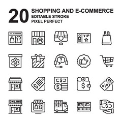 Icon Set of Shopping and E-Commerce. Outline style icon vector. Contains such of Shopping Bag, Catalog, Marketplace, Store, Money, Top Up, Discount and  more. Editable Stroke and Pixel perfect.