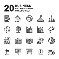 Icon Set of Business. Outline style icon vector. Contains such of credit card, contract, infographic, insurance, team work, presentation, pie chart, profit and more. Editable Stroke and Pixel perfect.