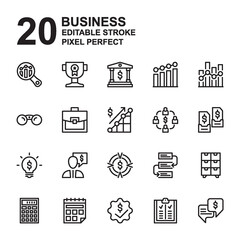 Icon Set of Business. Outline style icon vector. Contains such of analysis, award, bank, finance, idea, communication, target, calculator, approved, check and more. Editable Stroke and Pixel perfect.
