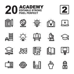 Icon Set of Academy. Outline style icon vector. Contains such of geography, hat graduation, music, exam, idea, knowledge, microscope, biology, professor, and more. Editable Stroke and Pixel perfect.