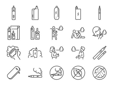 Vaping line icon set. Included the icons as smoking, vapor, vape, electronic cigarette, unhealthy living, and more.