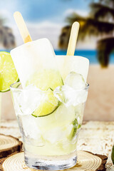lemon and cachaça popsicle, drink from Brazil called caipirinha served with alcoholic drink ice cream.