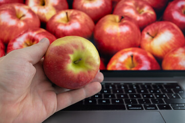 Hand holds apple in front of a laptop screen with image of apples