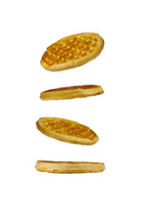 Crispy levitation waffles on white background.