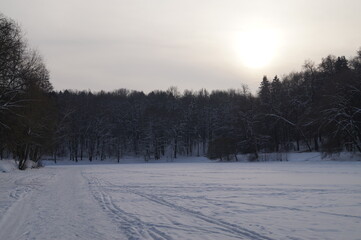 snow-covered lake and ski trail