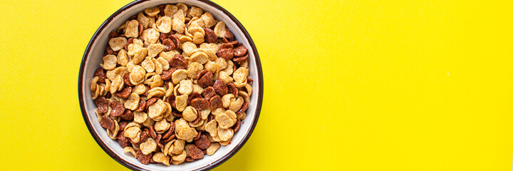 cornflakes breakfast on a plate ready to eat on the table for healthy meal snack outdoor top view copy space for text food background image