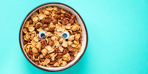 cornflakes breakfast on a plate ready to eat on the table for healthy meal snack outdoor top view copy space for text food background image
