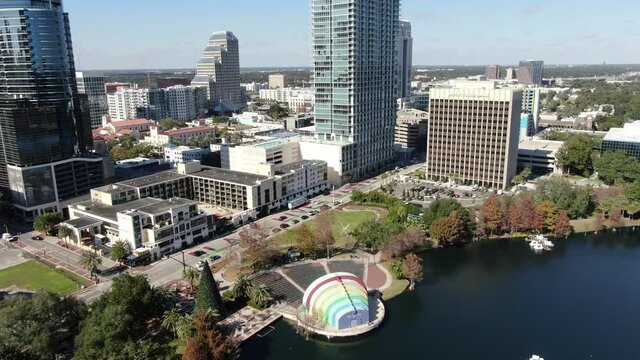 Orlando, Florida, USA - July 15, 2020 : Downtown Orlando; the historic core and central business district of Orlando, Florida. Shot during the COVID Pandemic in July, 2020.