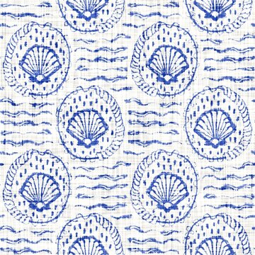 Azure blue white scallop shell linen texture. Seamless textile effect background. Weathered doodle dye pattern. Coastal cottage beach home decor. Modern sea life marine fashion repeat cotton cloth.
