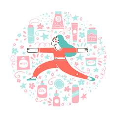 Acne skin concept. Skincare and dermatology elements set such as retinoid, sunscreen, toner, omega-3. Young woman doing her yoga as a part of acne treatment. Vector illustration in a doodle style