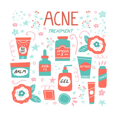 Acne treatment concept. Skincare and cosmetics elements. Water, omega-3, retinoids, serum, cleanser and sunscreen. Dermatology and self care. Vector illustration in a doodle hand drawn style