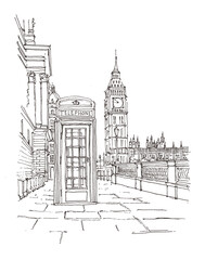 Fototapeta premium Bigben and telephone booth in London. Architecture sketch illustration. Hand drawn sketch of London city, UK. Isolated on white background. Travel sketch. Hand drawn travel postcard.