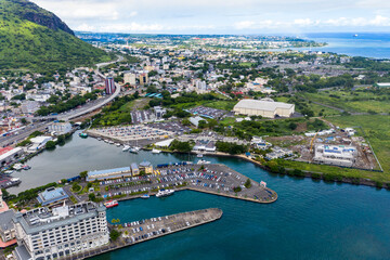 Obraz premium Aerial view, city view of Port Louis with harbor, old town and financial district, Mauritius