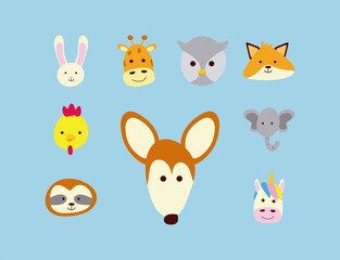 bundle of nine little animals heads characters