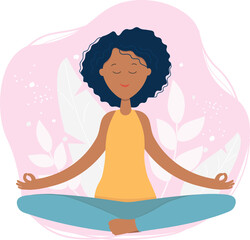 Young african american woman meditating sitting in lotus on the natural background. Concept illustration for yoga, meditation, relax and healthy lifestyle. Vector illustration in flat cartoon style.