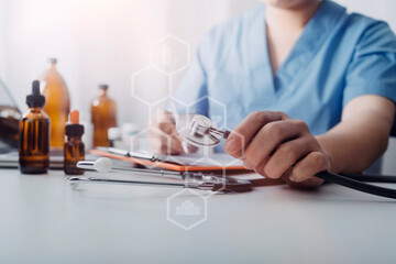 Fototapeta premium Health care researchers working in life science laboratory and analyzing microscope slides in research lab. New Epidemic Corona Virus. Corona virus outbreaking. 