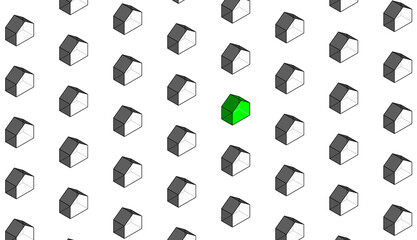 green house, intentions for projects useful for improving energy efficiency, synthesis of an urban territory with a group of buildings arranged in 3D three-dimensional perspective. green designe.