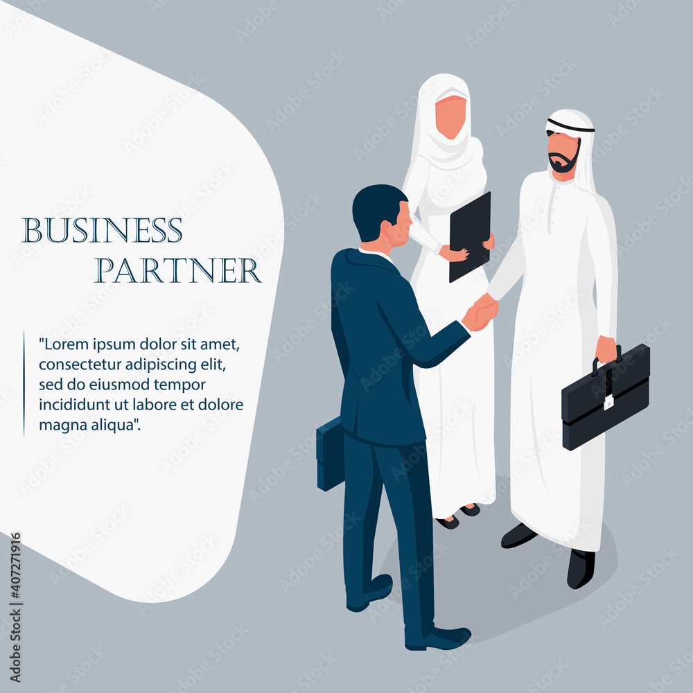 Wall mural Arab businessman with a secretary at a business meeting. Handshake of two businessmen. Landing page business people deal. Isometric 3D design. Vector illustration. Deal agreement. Shake hand.