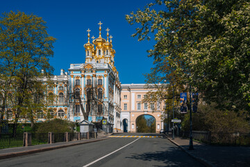 Fototapeta na wymiar Catherine Palace Church in the city of Pushkin. Spring day in Tsarskoye Selo.