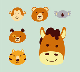 bundle of six cute little animals heads characters