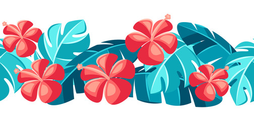 Seamless pattern with hibiscus flowers and palm leaves. © incomible