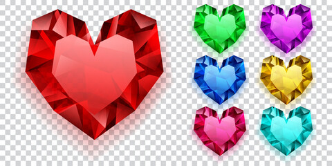 Set of hearts in various colors made of crystals