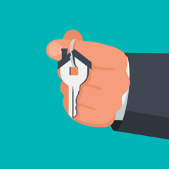 Hand holding house keys. Handing key to home. Vector graphic illustration flat design. Template for sale, rent home. Isolated on white background. Real estate agent. Property gift.