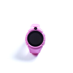Kid's smart watch close up. Pink watch isolated on a white. GPS watch for children.