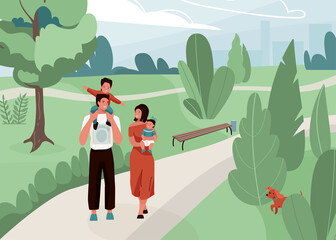 Happy family with father, mother and their son and daughter walk at the city park vector illustration. Joyful mom, dad and kids hugging and smiling, spending time together