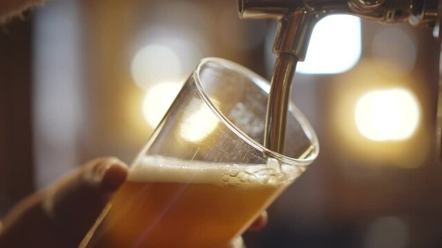 Close up of bartender pouring beer while standing at bar counter.