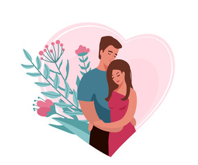 Man hugging and kissing woman in heart shape background with floral elements. Happy family couple vector illustration. Husband and wife concept. Isolated on white background