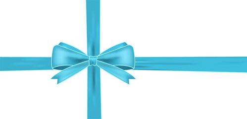 Realistic Blue bow with horizontal and vertical ribbon shiny satin for decoration gifts, greetings, holidays. Light blue edging.Christmas ribbon.Stock vector illustration isolated on white background.