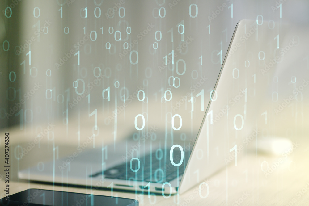 Aufkleber creative abstract binary code hologram on modern computer background, ai and machine learning concep