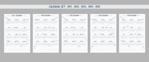 Calendar set 2021 2022 2023 2024 2025. hand drawn font type text and elements, school note style, checkered notebook sheet with lineart arrows and frames.