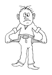 Poor man. Empty pockets . Cartoon character.  Vector illustration in flat design