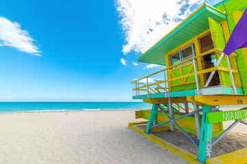 Green and yellow lifeguard tower in world famous South Beach