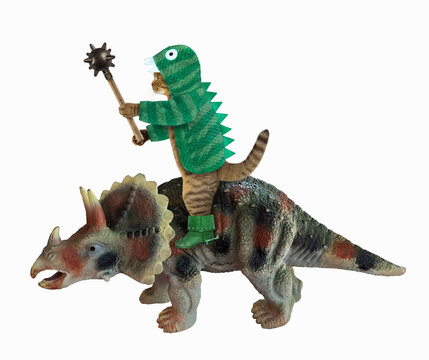 A cat in green dragon clothing and boots with a spiked mace rides dinosaur. White background. Isolated.