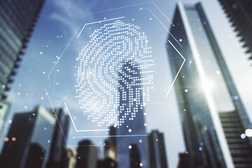 Multi exposure of virtual abstract fingerprint illustration on office buildings background, digital...