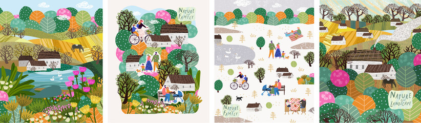 Nature, landscape, family and people. Vector illustration of a house, lake, field, view, village, tree and flowers. Drawings for poster, background or pattern